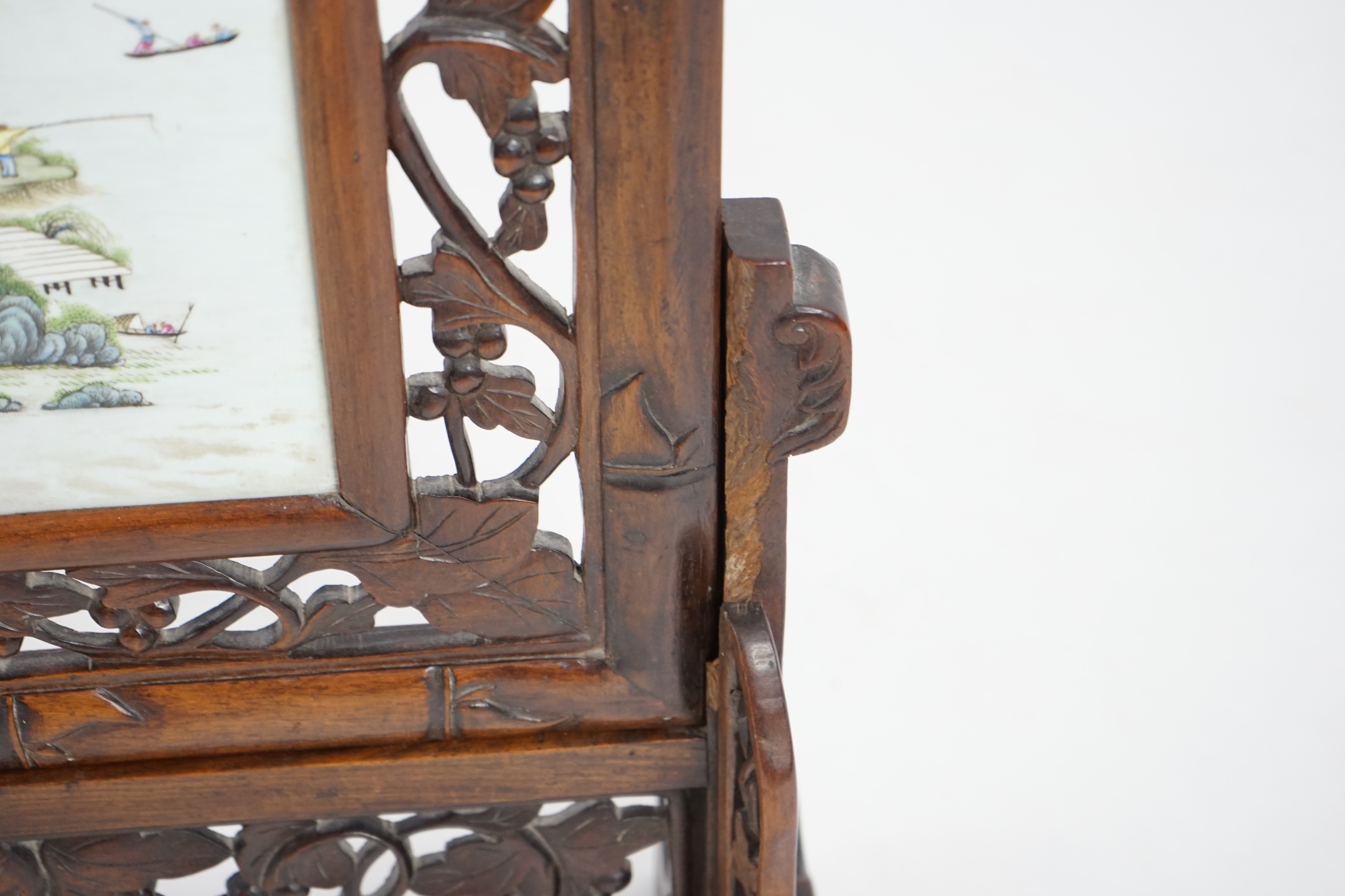 A Chinese enamelled porcelain and hongmu framed table screen, Republic period